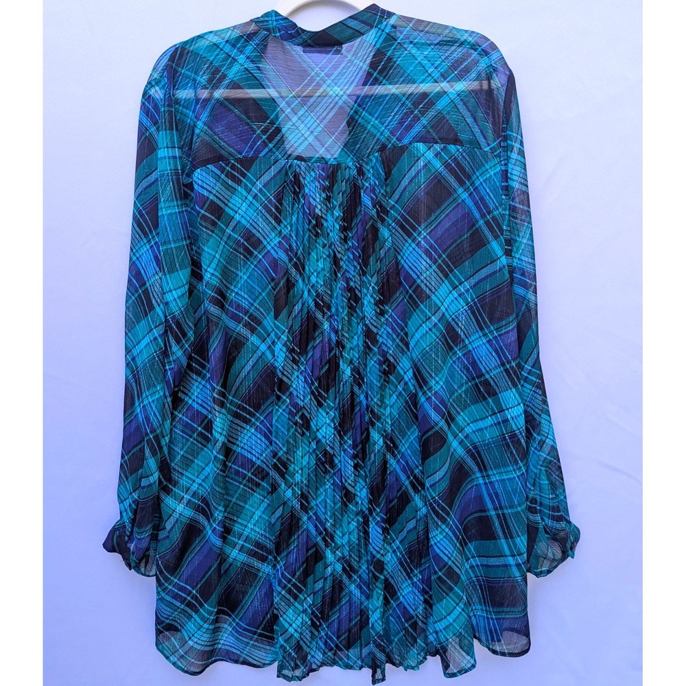 Catherines Plus 2x 22/24 Sheer ButtonUp Shirt Blouse Green Blue Teal Plaid Tunic - Picture 6 of 6